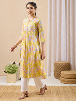 Thumbnail for Janasya Yellow A-Line Cotton Kurta - Dista