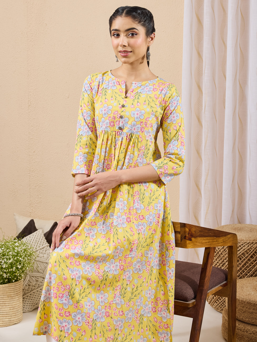 Janasya Yellow A-Line Cotton Kurta - Dista