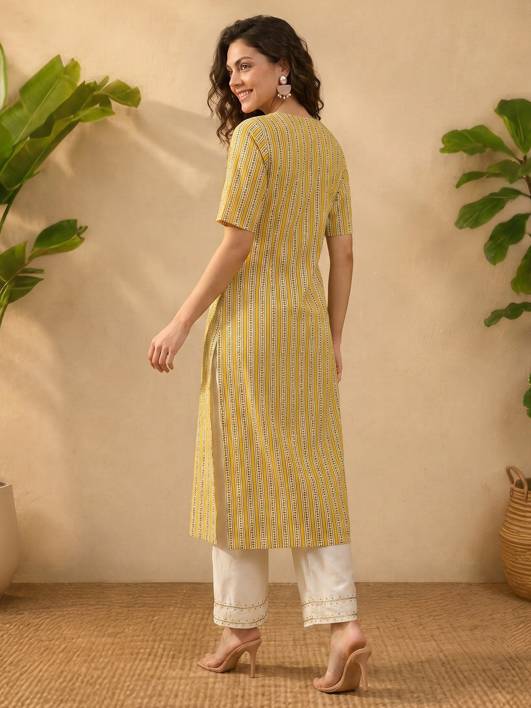Janasya Mustard Straight Cotton Kurta - Dista
