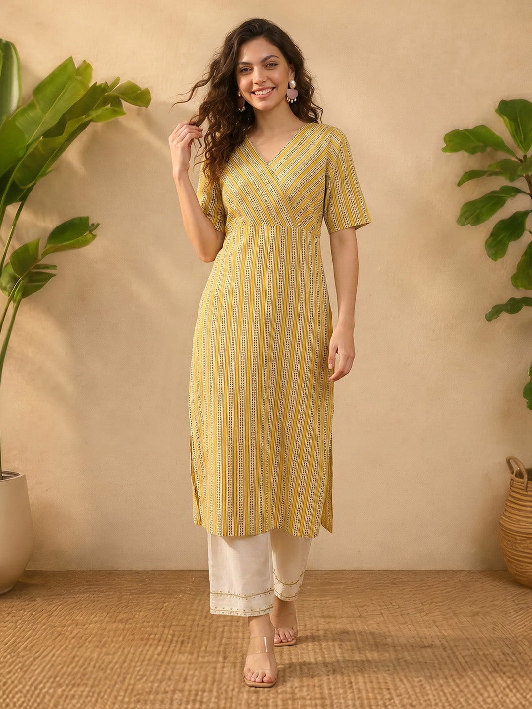Janasya Mustard Straight Cotton Kurta - Dista
