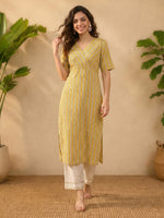 Thumbnail for Janasya Mustard Straight Cotton Kurta - Dista