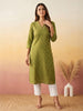 Janasya Olive Straight Cotton Kurta - Dista