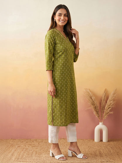 Janasya Olive Straight Cotton Kurta - Dista