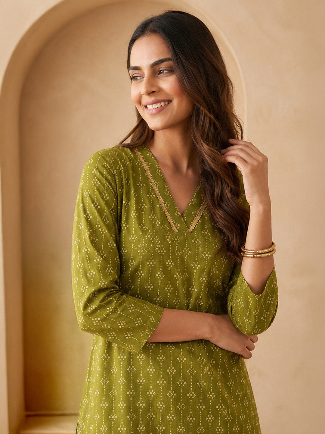 Janasya Olive Straight Cotton Kurta - Dista