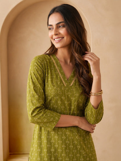 Janasya Olive Straight Cotton Kurta - Dista