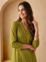 Thumbnail for Janasya Olive Straight Cotton Kurta - Dista