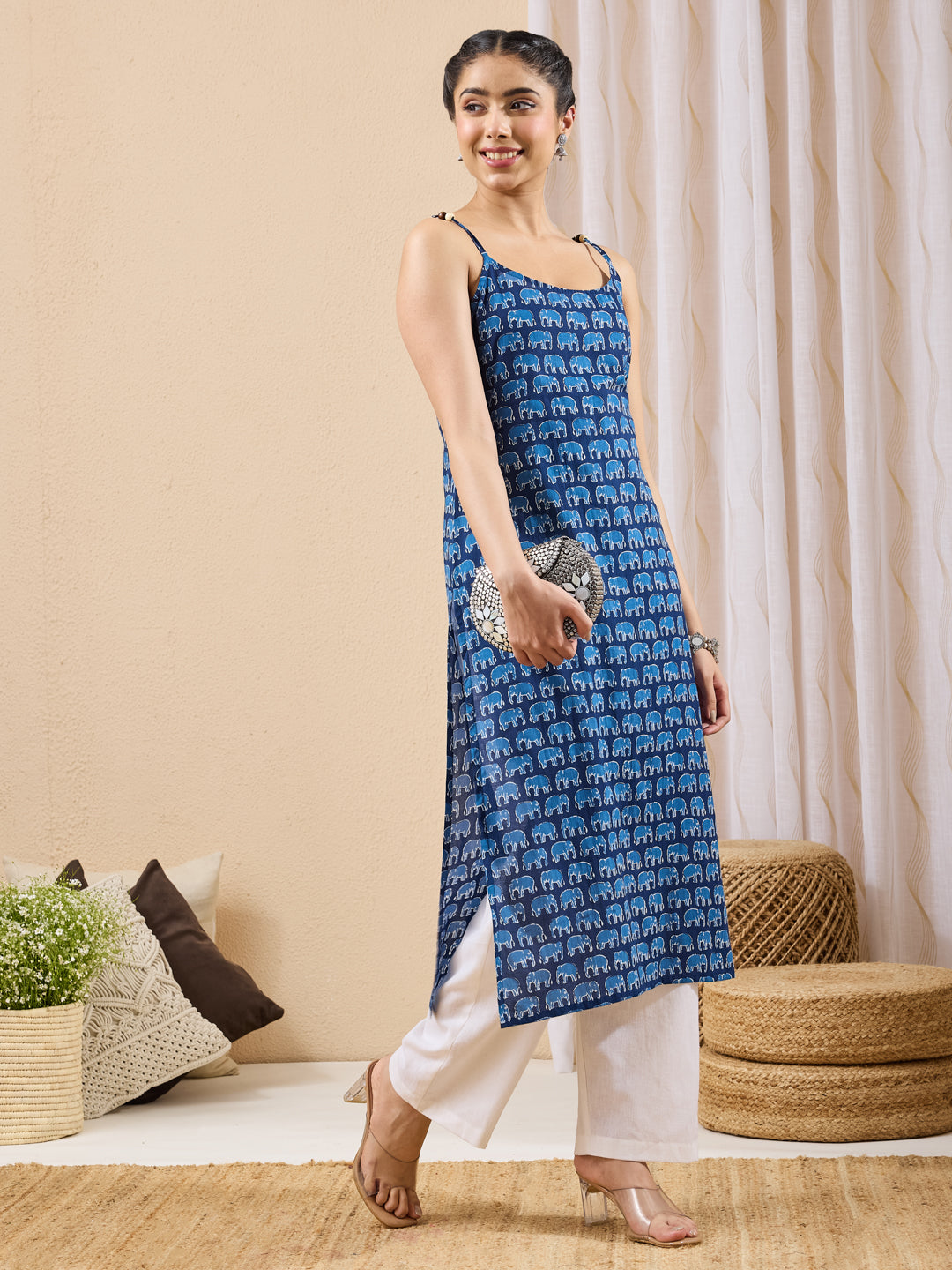 Janasya Indigo Straight Cotton Kurta - Dista