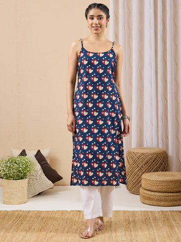 Janasya Dark Blue Straight Cotton Kurta - Dista