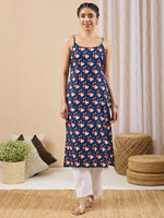 Thumbnail for Janasya Dark Blue Straight Cotton Kurta - Dista