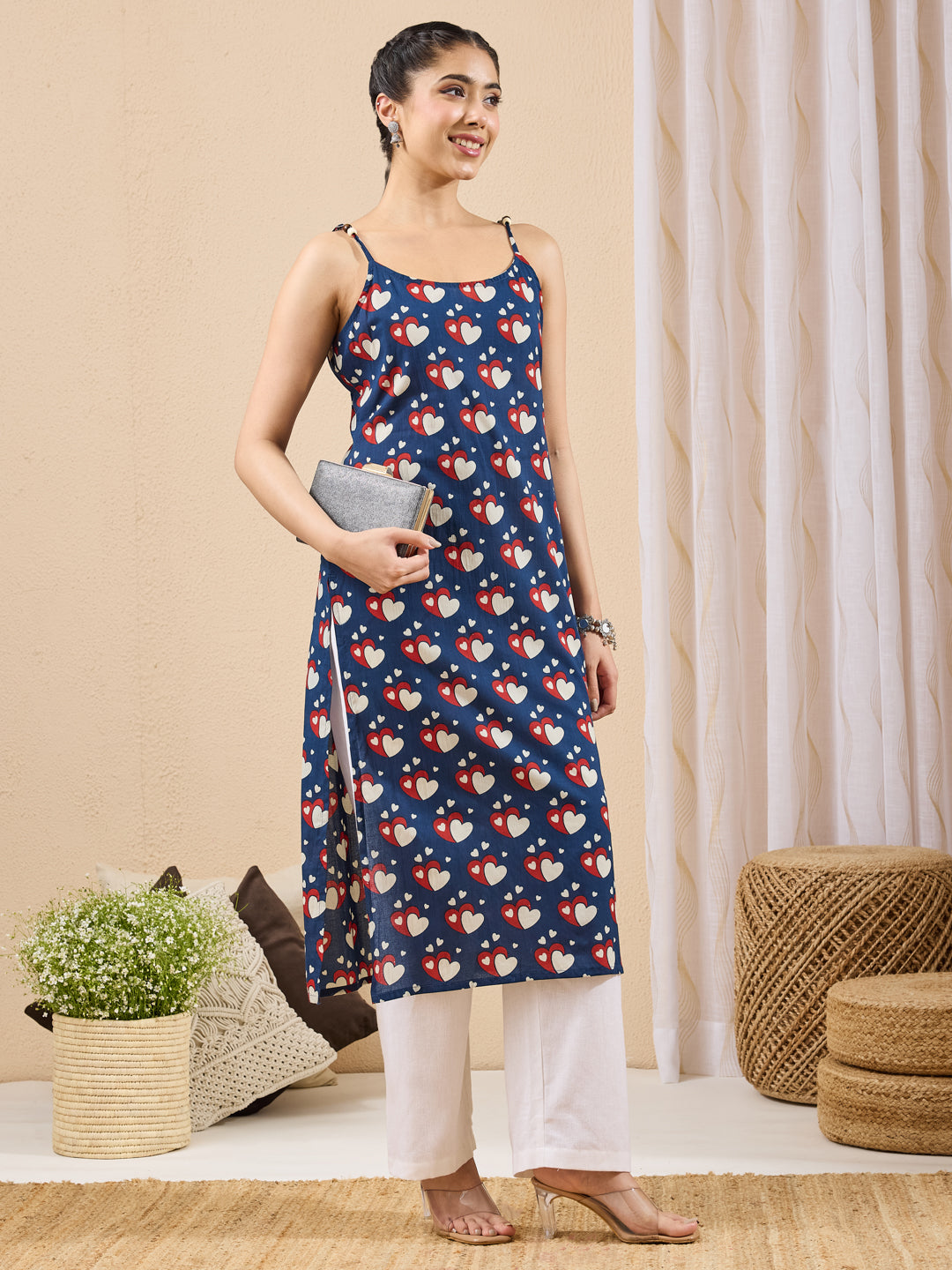 Janasya Dark Blue Straight Cotton Kurta - Dista
