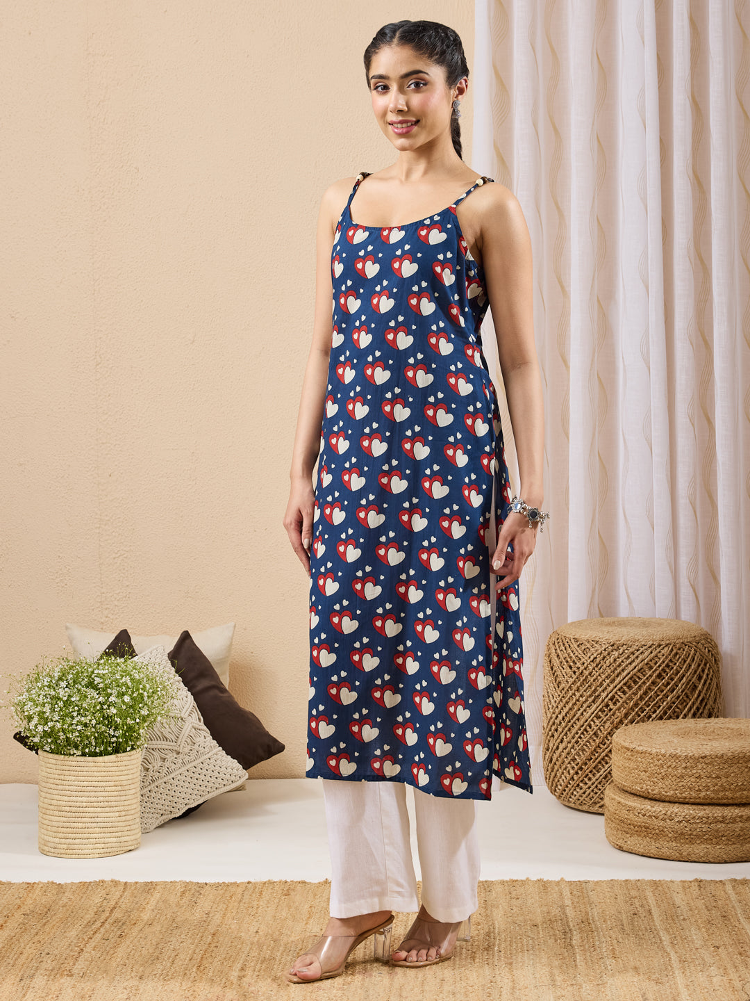 Janasya Dark Blue Straight Cotton Kurta - Dista