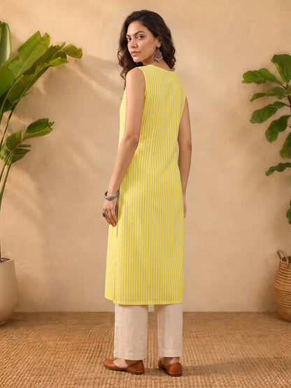 Janasya Yellow Straight Cotton Kurta - Dista