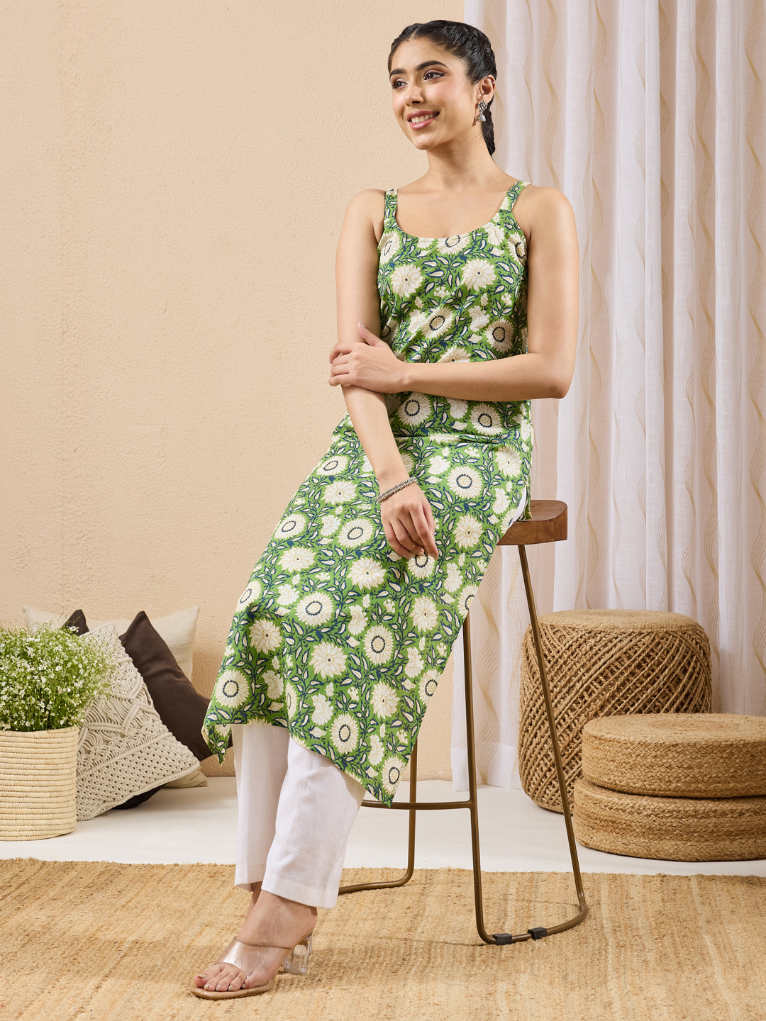 Janasya Green Straight Cotton Kurta - Dista