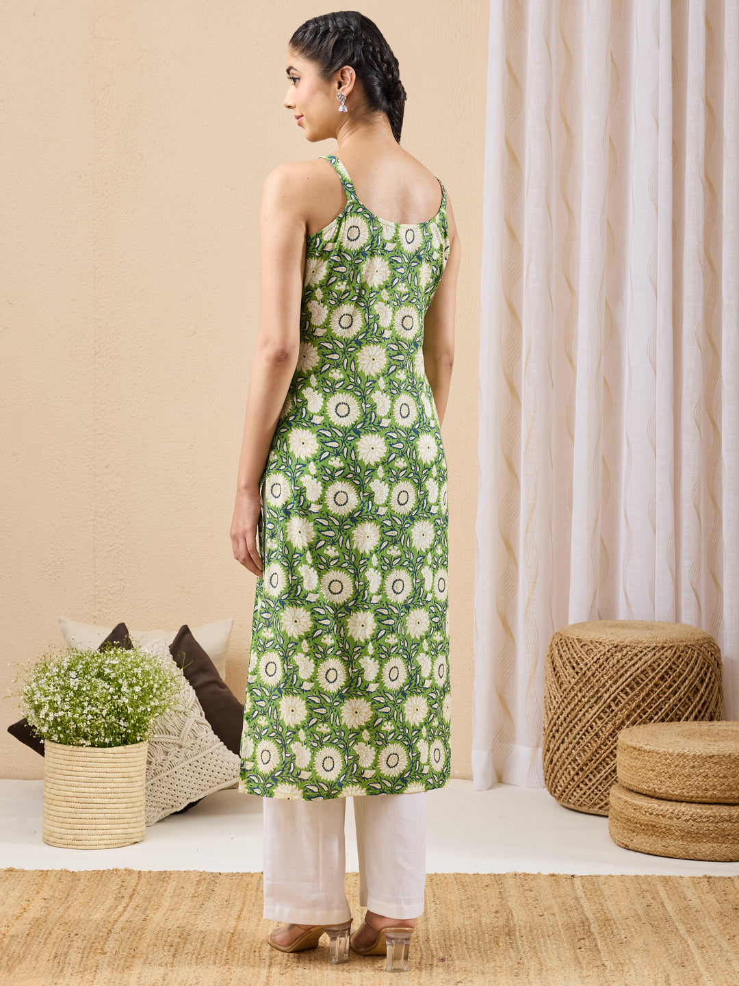Janasya Green Straight Cotton Kurta - Dista
