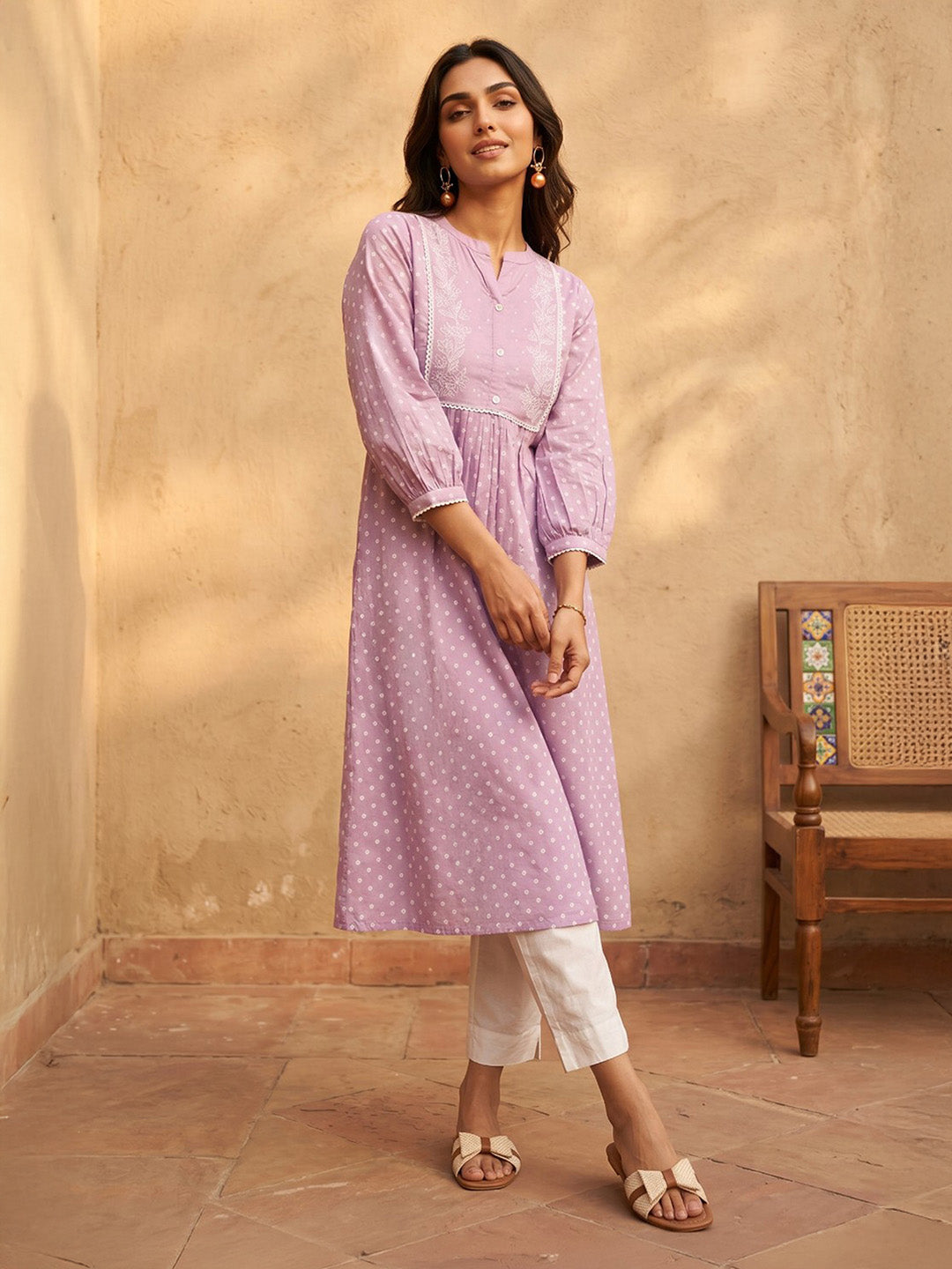 Janasya Lavender A-Line Cotton Kurta - Dista