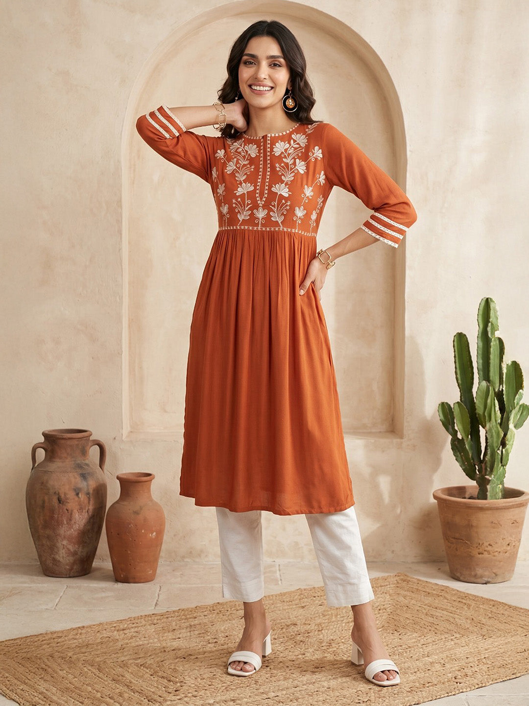 Janasya Rust Straight Rayon Kurta - Dista