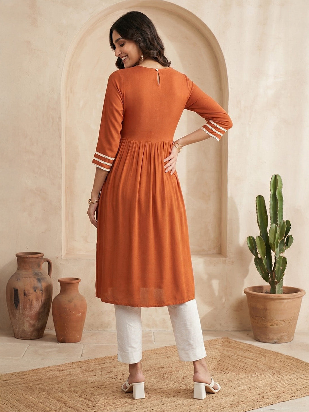 Janasya Rust Straight Rayon Kurta - Dista
