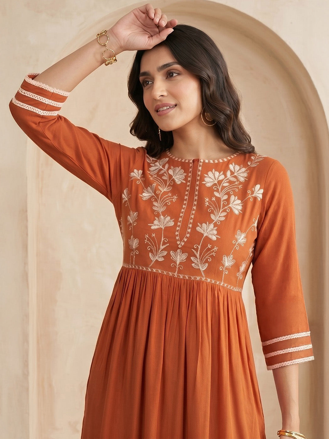Janasya Rust Straight Rayon Kurta - Dista