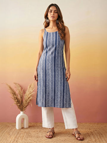 Janasya Blue Straight Cotton Kurta - Dista