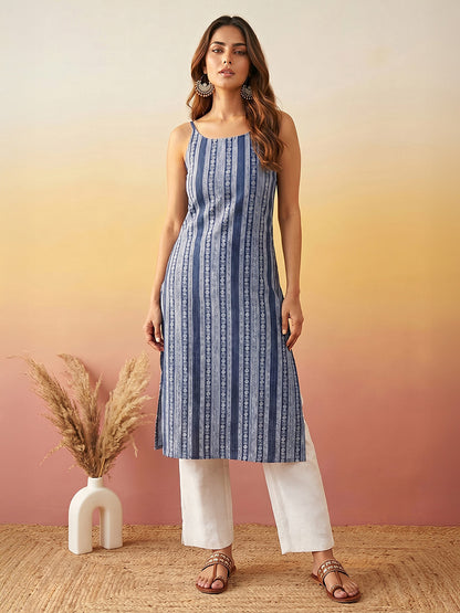 Janasya Blue Straight Cotton Kurta - Dista