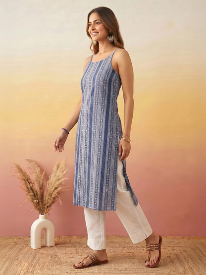 Janasya Blue Straight Cotton Kurta - Dista