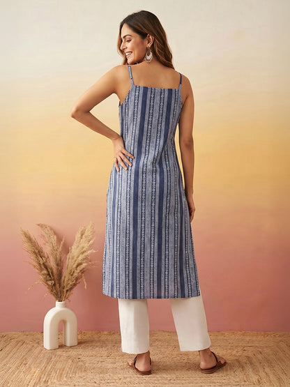 Janasya Blue Straight Cotton Kurta - Dista