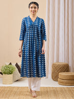 Thumbnail for Janasya Blue Gathered Cotton Kurta - Dista