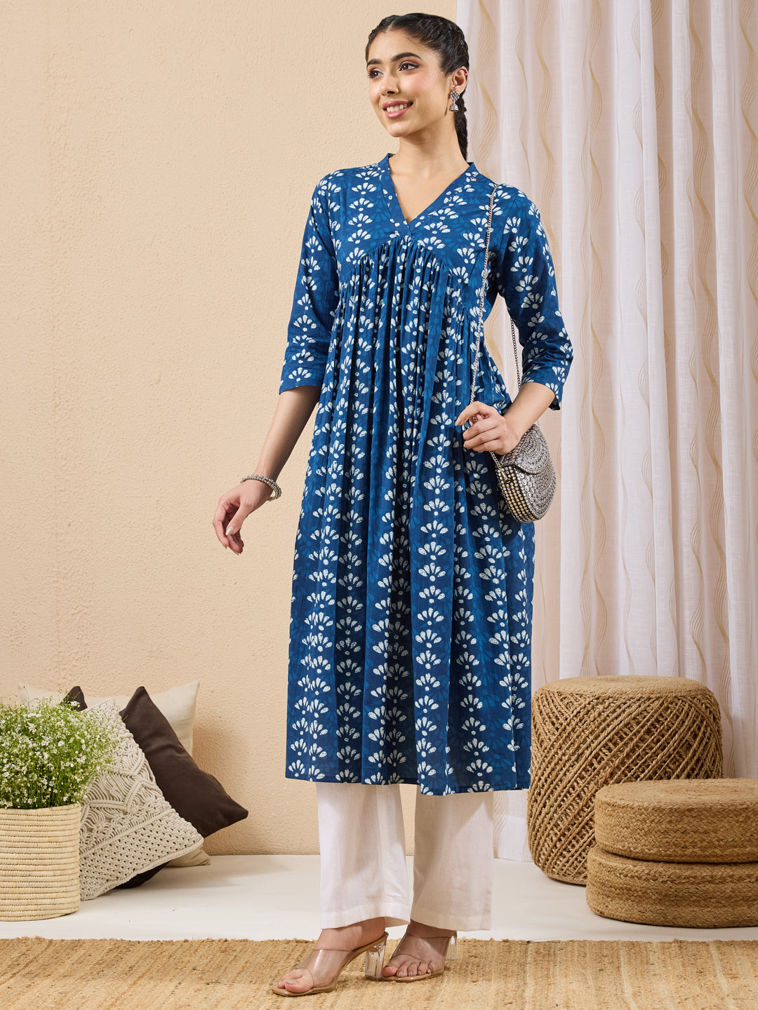 Janasya Blue Gathered Cotton Kurta - Dista