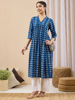 Thumbnail for Janasya Blue Gathered Cotton Kurta - Dista