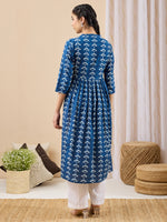Thumbnail for Janasya Blue Gathered Cotton Kurta - Dista