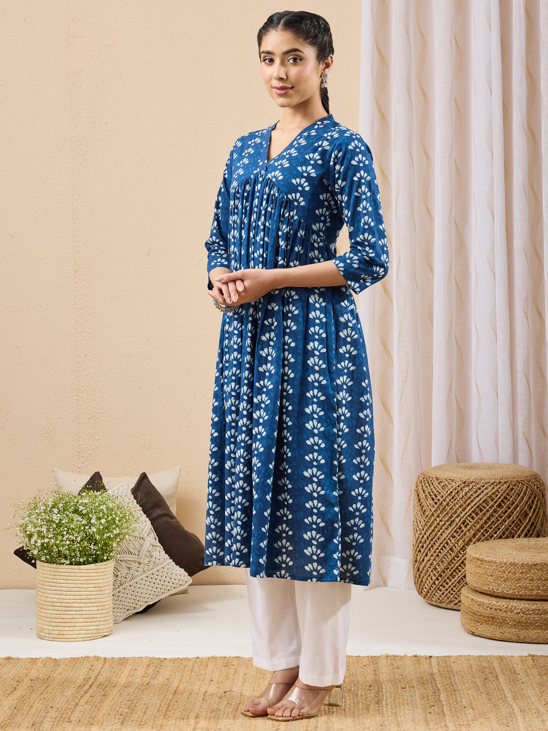 Janasya Blue Gathered Cotton Kurta - Dista