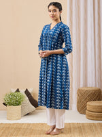 Thumbnail for Janasya Blue Gathered Cotton Kurta - Dista