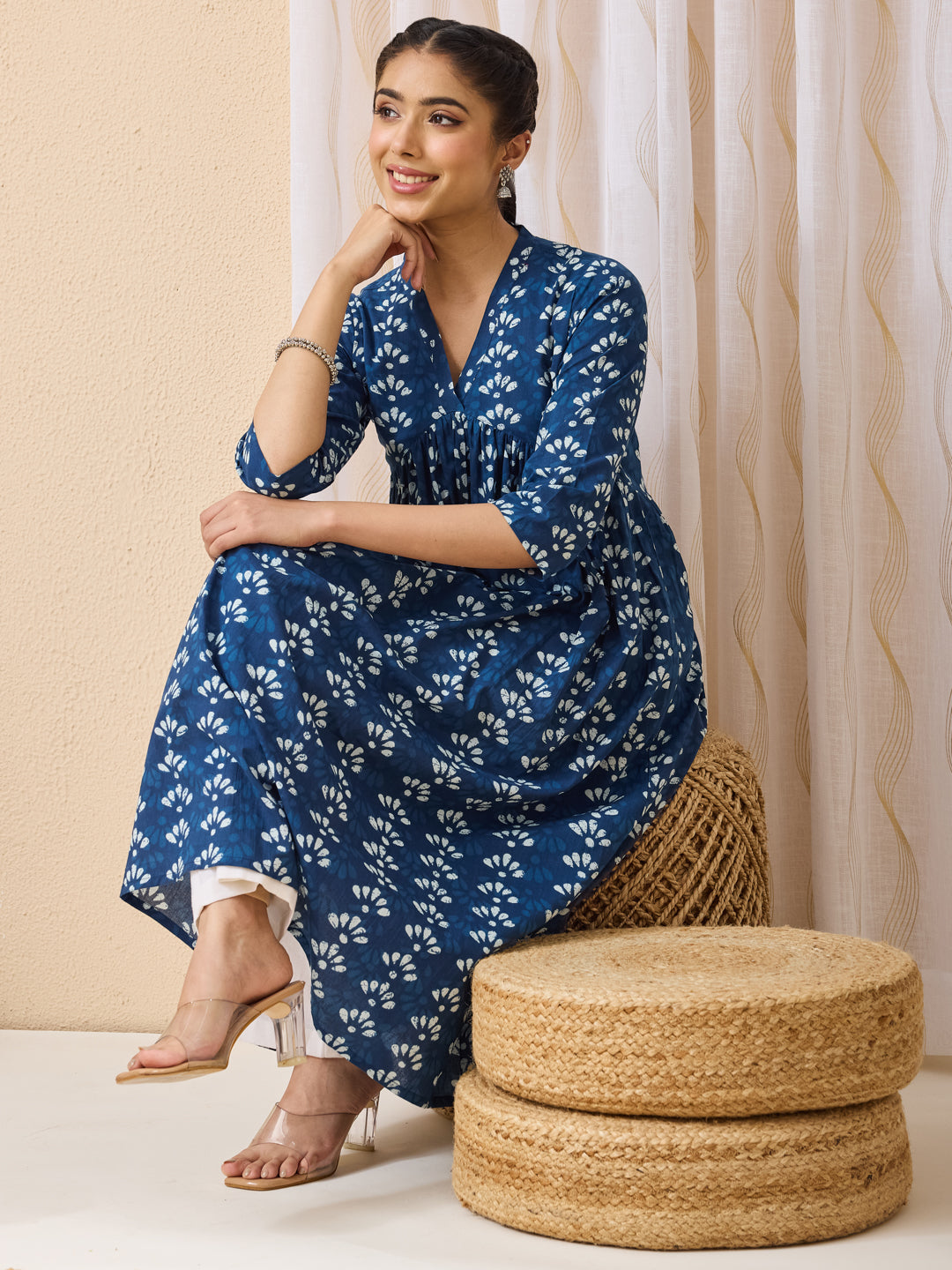 Janasya Blue Gathered Cotton Kurta - Dista