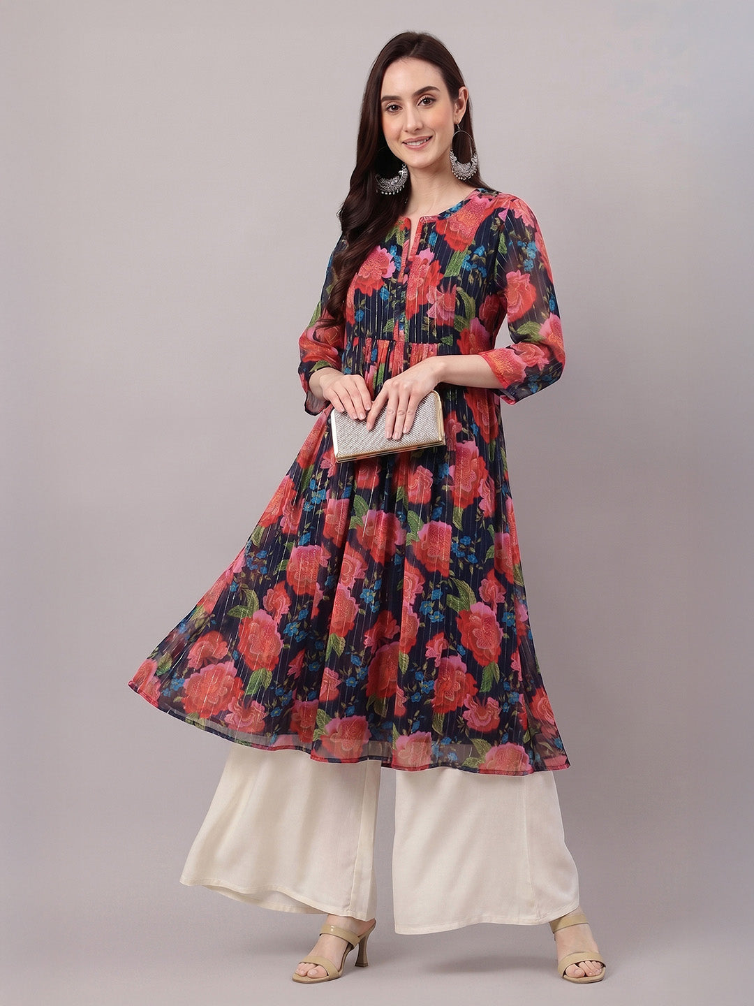 Janasya Black Gathered Chiffon Kurta - Dista