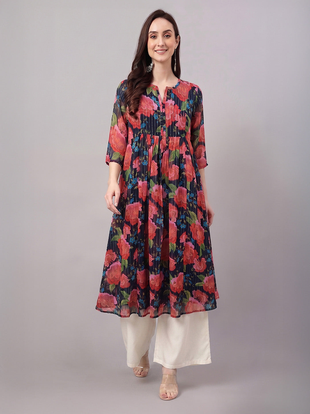 Janasya Black Gathered Chiffon Kurta - Dista
