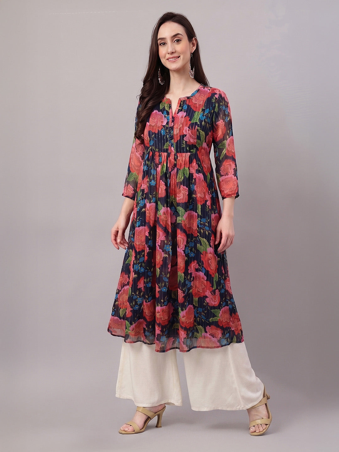 Janasya Black Gathered Chiffon Kurta - Dista