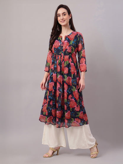 Janasya Black Gathered Chiffon Kurta - Dista