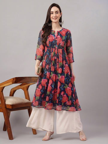 Janasya Black Gathered Chiffon Kurta - Dista
