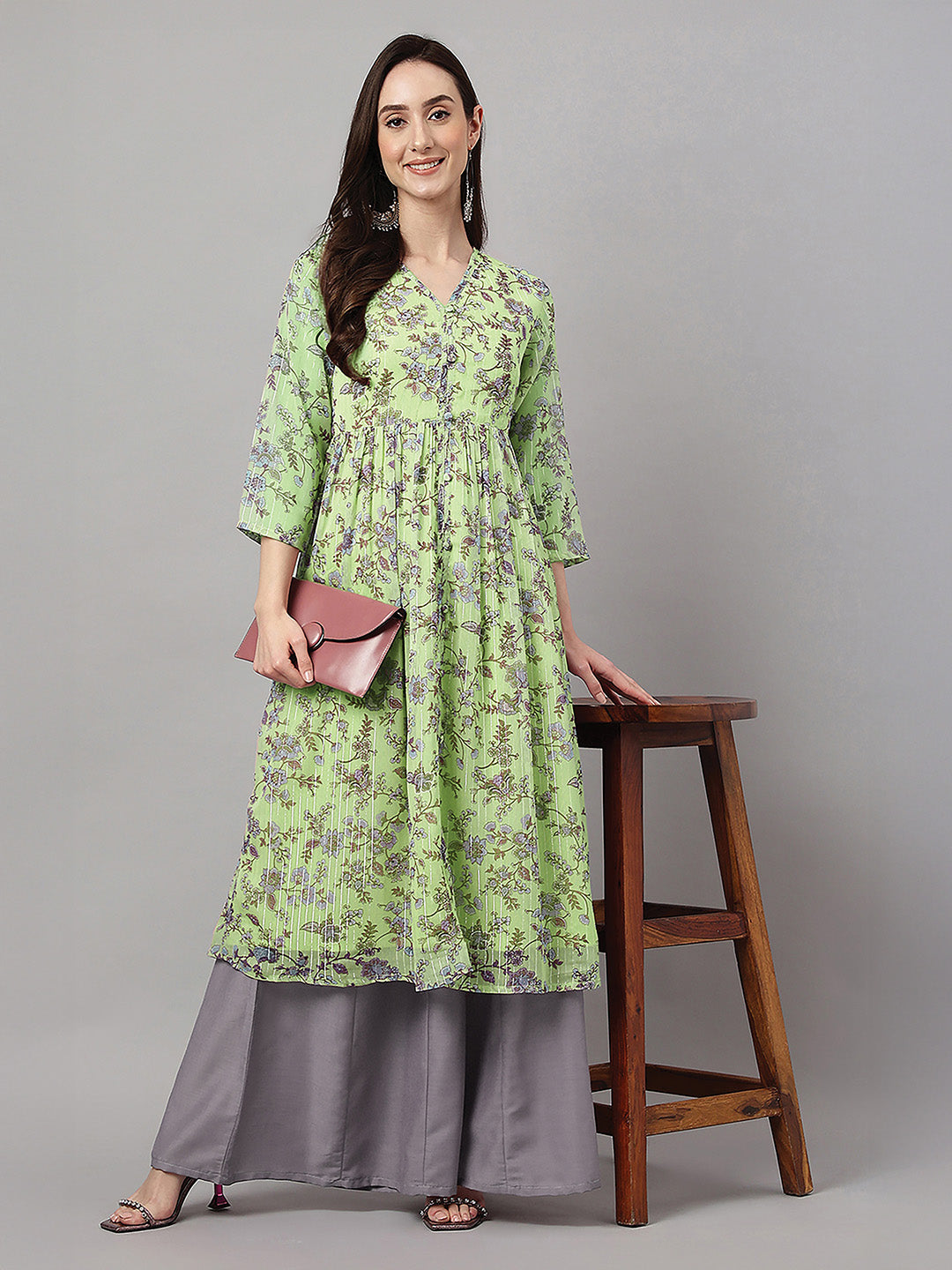 Janasya Lime Green A-Line Chiffon Lurex Kurta - Dista