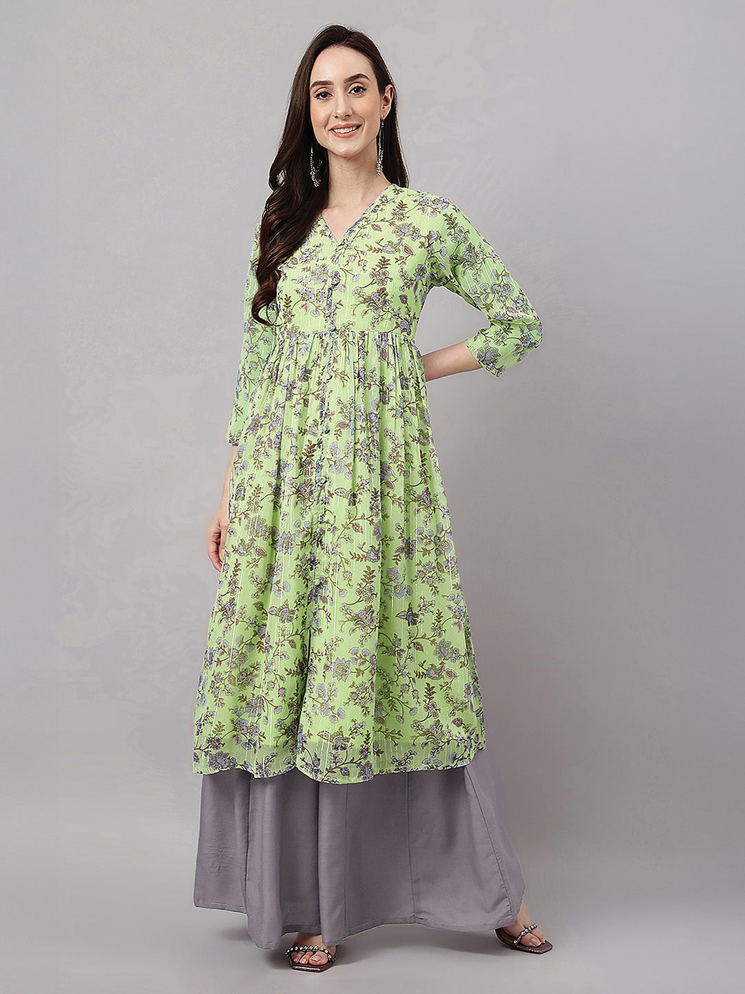 Janasya Lime Green A-Line Chiffon Lurex Kurta - Dista