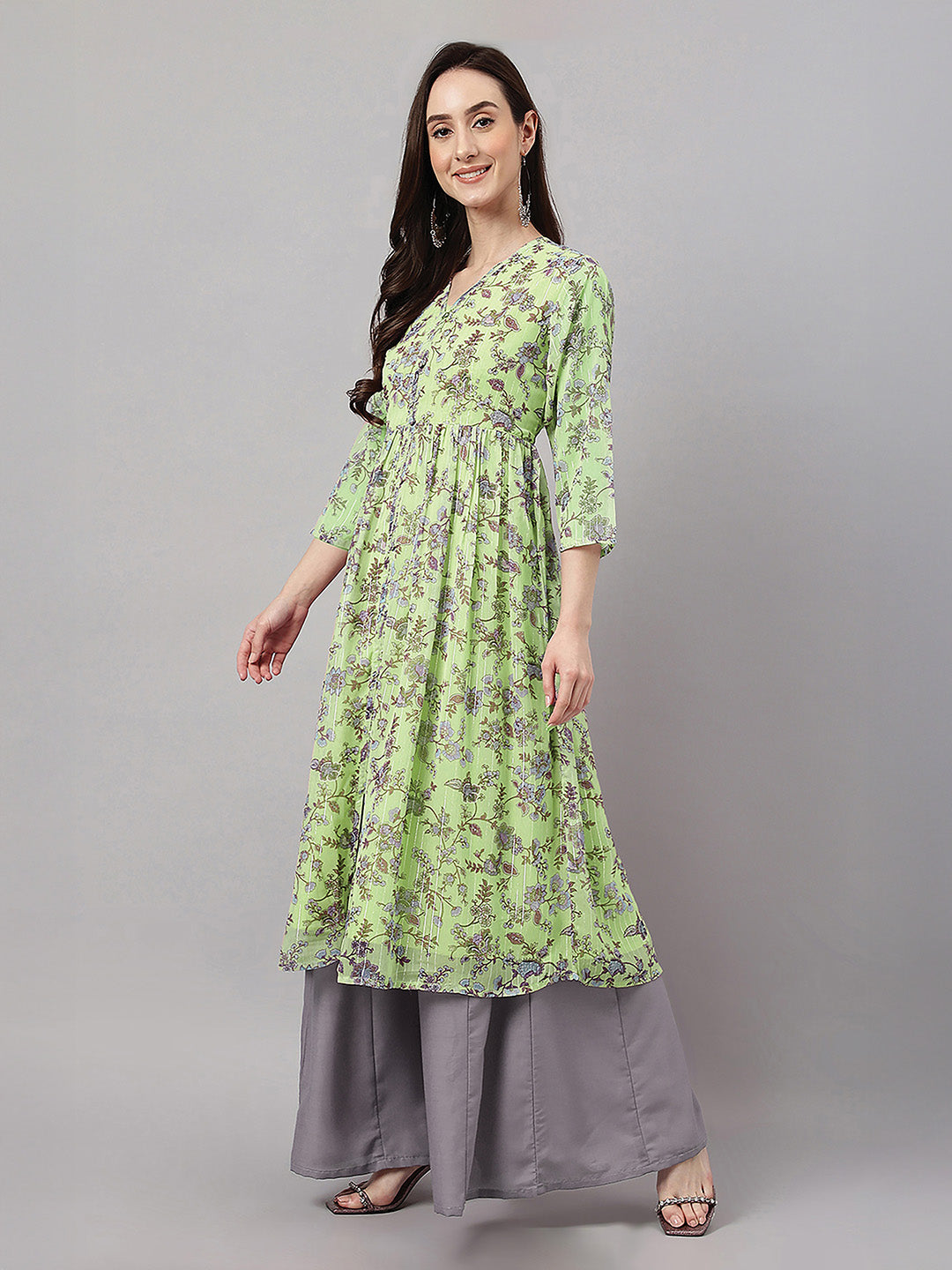 Janasya Lime Green A-Line Chiffon Lurex Kurta - Dista