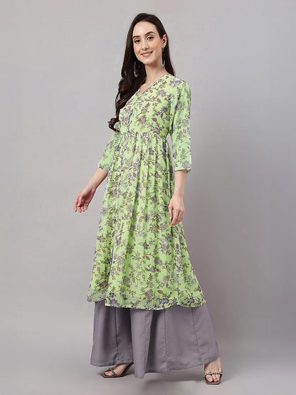 Janasya Lime Green A-Line Chiffon Lurex Kurta - Dista