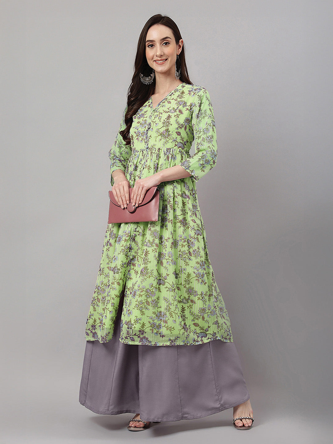 Janasya Lime Green A-Line Chiffon Lurex Kurta