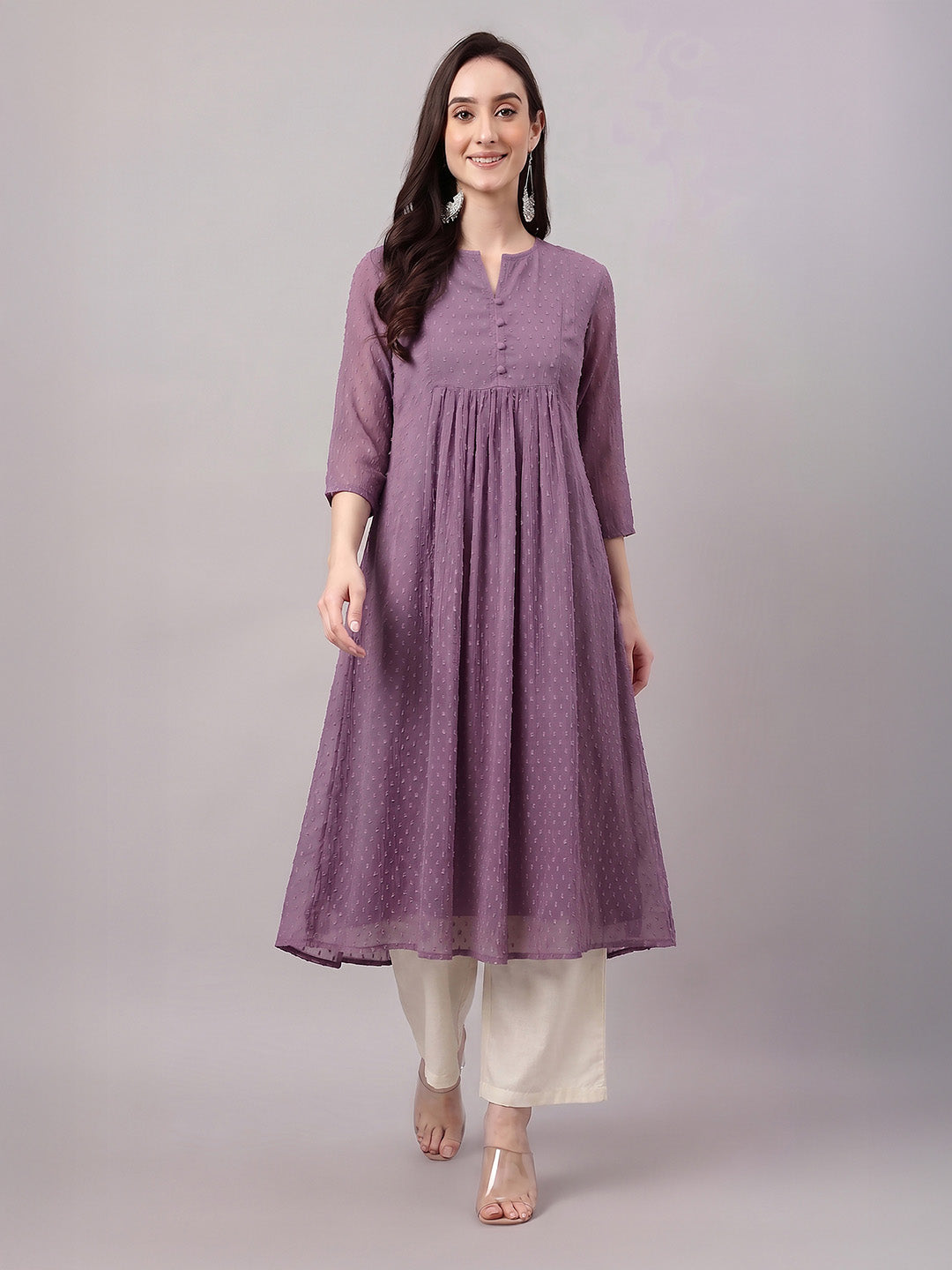 Janasya Lavender A-Line Dobby Chiffon Kurta - Dista