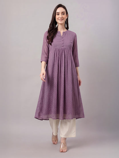 Janasya Lavender A-Line Dobby Chiffon Kurta - Dista