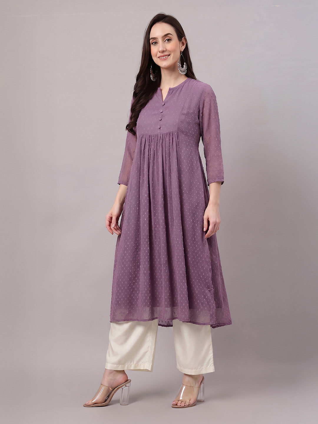 Janasya Lavender A-Line Dobby Chiffon Kurta - Dista