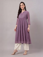 Thumbnail for Janasya Lavender A-Line Dobby Chiffon Kurta - Dista