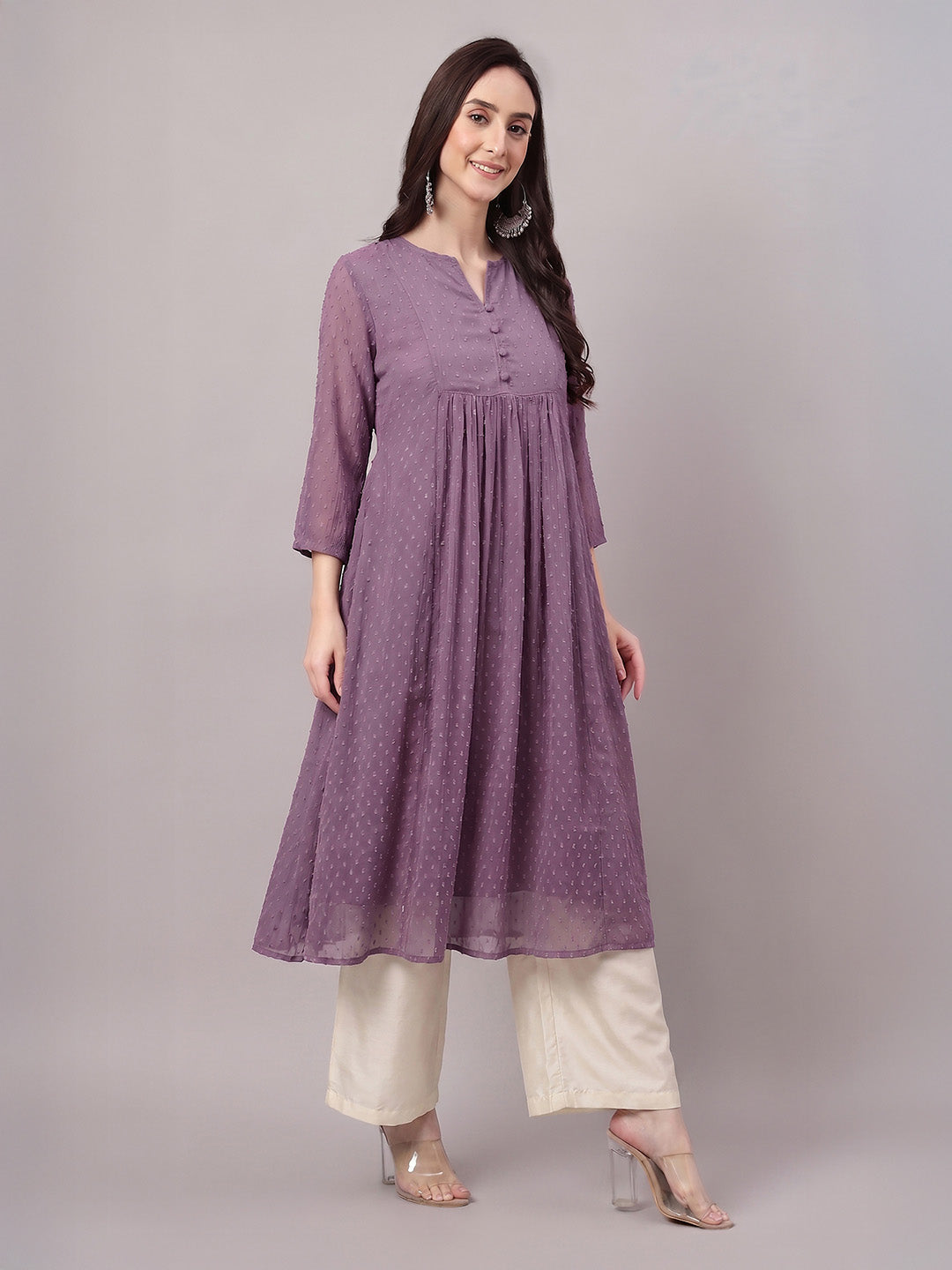 Janasya Lavender A-Line Dobby Chiffon Kurta - Dista