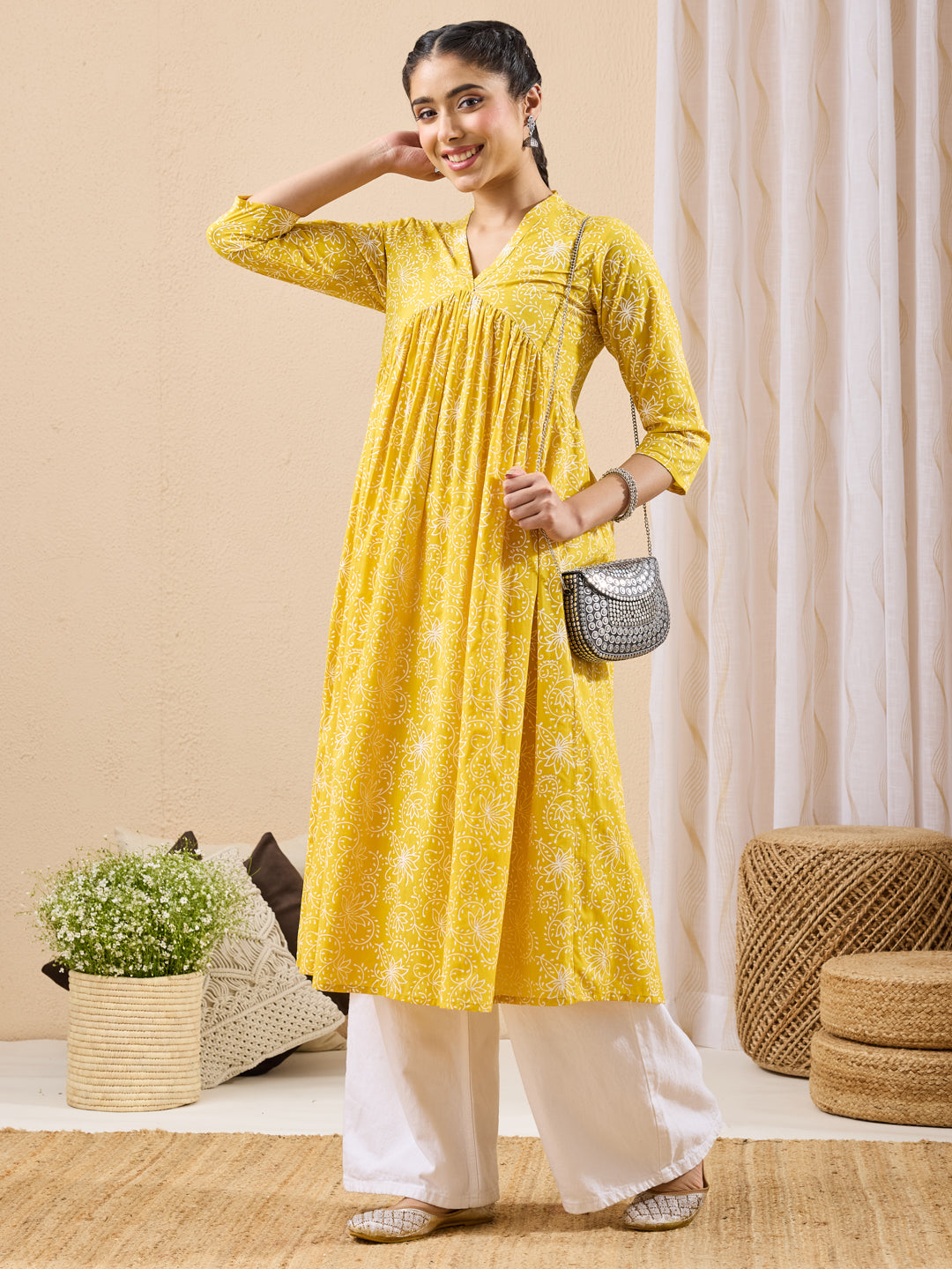 Janasya Yellow A-Line Cotton Kurta - Dista