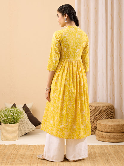 Janasya Yellow A-Line Cotton Kurta - Dista